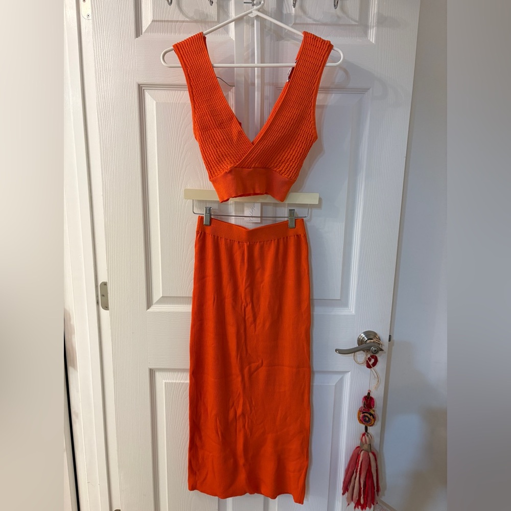 Zara Bright Orange Knit Skirt Set